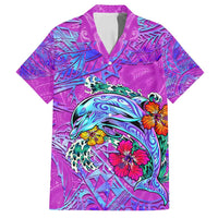 Dolphin Polynesia Family Matching Long Sleeve Bodycon Dress and Hawaiian Shirt Hibiscus Tropical Wave - Purple Vibes DT02 Dad's Shirt - Short Sleeve Purple - Polynesian Pride