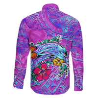 Dolphin Polynesia Family Matching Short Sleeve Bodycon Dress and Hawaiian Shirt Hibiscus Tropical Wave - Purple Vibes DT02 - Polynesian Pride