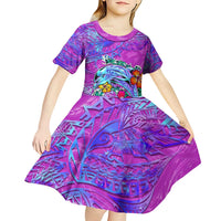 Personalized Dolphin Polynesia Kid Short Sleeve Dress Hibiscus Tropical Wave - Purple Vibes