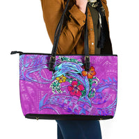 Dolphin Polynesia Leather Tote Bag Hibiscus Tropical Wave - Purple Vibes DT02 - Polynesian Pride