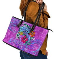 Dolphin Polynesia Leather Tote Bag Hibiscus Tropical Wave - Purple Vibes DT02 - Polynesian Pride