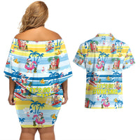 Surfing Christmas Couples Matching Off Shoulder Short Dress and Hawaiian Shirt Tropical Santa Let's Go Surfing DT02 - Polynesian Pride