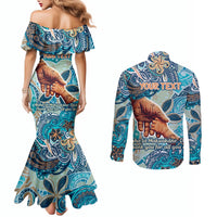 Hand In Hand Father's Day Polynesian Couples Matching Mermaid Dress and Long Sleeve Button Shirt Tribal Flower Pattern
