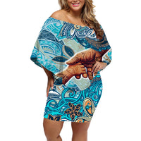 Hand In Hand Father's Day Polynesian Off Shoulder Short Dress Tribal Flower Pattern DT02 Women Blue - Polynesian Pride