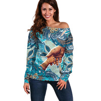Hand In Hand Father's Day Polynesian Off Shoulder Sweater Tribal Flower Pattern