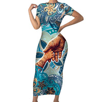 Hand In Hand Father's Day Polynesian Short Sleeve Bodycon Dress Tribal Flower Pattern