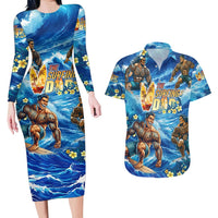 Hawaii Father's Day Couples Matching Long Sleeve Bodycon Dress and Hawaiian Shirt The Surfing Dad Polynesian Tattoo