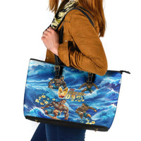 Hawaii Father's Day Leather Tote Bag The Surfing Dad Polynesian Tattoo DT02 Blue - Polynesian Pride