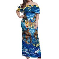 Hawaii Father's Day Off Shoulder Maxi Dress The Surfing Dad Polynesian Tattoo DT02 Women Blue - Polynesian Pride