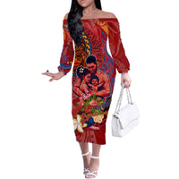 Happy Father's Day French Polynesia Family Matching Off The Shoulder Long Sleeve Dress and Hawaiian Shirt Family Turtle Hibiscus