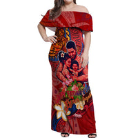 Happy Father's Day French Polynesia Off Shoulder Maxi Dress Family Turtle Hibiscus DT02 Women Red - Polynesian Pride
