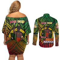 Vanuatu 45th Independence Anniversary Couples Matching Off Shoulder Short Dress and Long Sleeve Button Shirt Embracing Our Traditions Shaping Our Future DT02 - Polynesian Pride