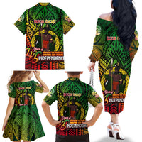 Vanuatu 45th Independence Anniversary Family Matching Off The Shoulder Long Sleeve Dress and Hawaiian Shirt Embracing Our Traditions Shaping Our Future