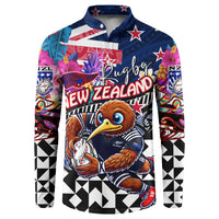 Personalized Kiwi New Zealand Rugby Button Sweatshirt Kiwis Mascot Tropical Pattern