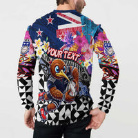 Personalized Kiwi New Zealand Rugby Button Sweatshirt Kiwis Mascot Tropical Pattern