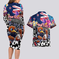 Personalized Kiwi New Zealand Rugby Couples Matching Long Sleeve Bodycon Dress and Hawaiian Shirt Kiwis Mascot Tropical Pattern