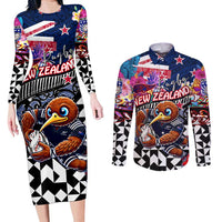 Personalized Kiwi New Zealand Rugby Couples Matching Long Sleeve Bodycon Dress and Long Sleeve Button Shirt Kiwis Mascot Tropical Pattern