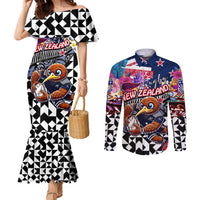 Personalized Kiwi New Zealand Rugby Couples Matching Mermaid Dress and Long Sleeve Button Shirt Kiwis Mascot Tropical Pattern