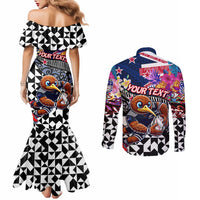 Personalized Kiwi New Zealand Rugby Couples Matching Mermaid Dress and Long Sleeve Button Shirt Kiwis Mascot Tropical Pattern