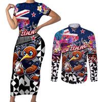 Personalized Kiwi New Zealand Rugby Couples Matching Short Sleeve Bodycon Dress and Long Sleeve Button Shirt Kiwis Mascot Tropical Pattern