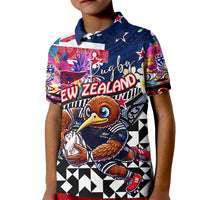 Personalized Kiwi New Zealand Rugby Kid Polo Shirt Kiwis Mascot Tropical Pattern