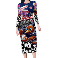 Personalized Kiwi New Zealand Rugby Long Sleeve Bodycon Dress Kiwis Mascot Tropical Pattern