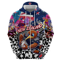 Personalized Kiwi New Zealand Rugby Zip Hoodie Kiwis Mascot Tropical Pattern