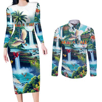 Wailua Falls Hawaii Couples Matching Long Sleeve Bodycon Dress and Long Sleeve Button Shirt Kauai Natural Beauty