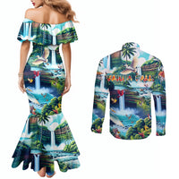 Wailua Falls Hawaii Couples Matching Mermaid Dress and Long Sleeve Button Shirt Kauai Natural Beauty