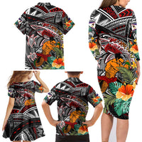 Personalized American Samoa Warrior Family Matching Long Sleeve Bodycon Dress and Hawaiian Shirt Shark Turtle Polynesian Tattoo
