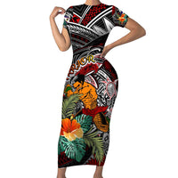 Personalized American Samoa Warrior Short Sleeve Bodycon Dress Shark Turtle Polynesian Tattoo