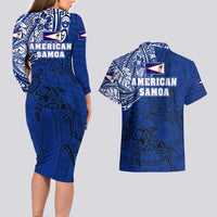 Sharks And American Samoa Couples Matching Long Sleeve Bodycon Dress and Hawaiian Shirt Simple Polynesian Blue