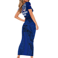 Sharks And American Samoa Family Matching Short Sleeve Bodycon Dress and Hawaiian Shirt Simple Polynesian Blue