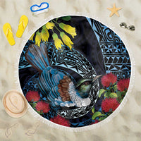 New Zealand Tui Bird Beach Blanket Maori Koru Mix Pohutukawa DT04 One Size 150cm Black - Polynesian Pride
