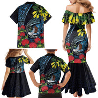 New Zealand Tui Bird Family Matching Mermaid Dress and Hawaiian Shirt Maori Koru Mix Pohutukawa