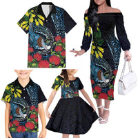 New Zealand Tui Bird Family Matching Off The Shoulder Long Sleeve Dress and Hawaiian Shirt Maori Koru Mix Pohutukawa