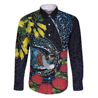New Zealand Tui Bird Family Matching Off The Shoulder Long Sleeve Dress and Hawaiian Shirt Maori Koru Mix Pohutukawa