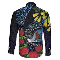 New Zealand Tui Bird Family Matching Off The Shoulder Long Sleeve Dress and Hawaiian Shirt Maori Koru Mix Pohutukawa