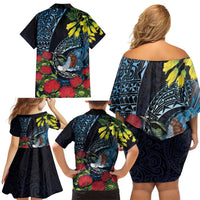 New Zealand Tui Bird Family Matching Off Shoulder Short Dress and Hawaiian Shirt Maori Koru Mix Pohutukawa