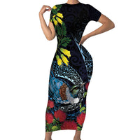 New Zealand Tui Bird Family Matching Short Sleeve Bodycon Dress and Hawaiian Shirt Maori Koru Mix Pohutukawa