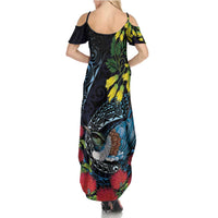 New Zealand Tui Bird Family Matching Summer Maxi Dress and Hawaiian Shirt Maori Koru Mix Pohutukawa