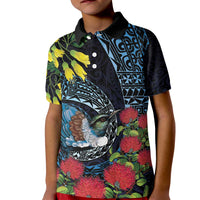 New Zealand Tui Bird Kid Polo Shirt Maori Koru Mix Pohutukawa