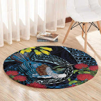 New Zealand Tui Bird Round Carpet Maori Koru Mix Pohutukawa