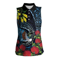 New Zealand Tui Bird Women Sleeveless Polo Shirt Maori Koru Mix Pohutukawa
