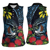 New Zealand Tui Bird Women Sleeveless Polo Shirt Maori Koru Mix Pohutukawa