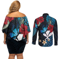 Hawaii Butterfly Couples Matching Off Shoulder Short Dress and Long Sleeve Button Shirt Kanaka Maoli Mix Hibiscus
