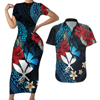 Hawaii Butterfly Couples Matching Short Sleeve Bodycon Dress and Hawaiian Shirt Kanaka Maoli Mix Hibiscus