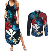 Hawaii Butterfly Couples Matching Summer Maxi Dress and Long Sleeve Button Shirt Kanaka Maoli Mix Hibiscus