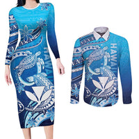 Hawaii Couples Matching Long Sleeve Bodycon Dress and Long Sleeve Button Shirt Turtle With Hammerhead Shark Oceanic DT04 Blue - Polynesian Pride
