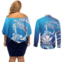 Hawaii Couples Matching Off Shoulder Short Dress and Long Sleeve Button Shirt Turtle With Hammerhead Shark Oceanic DT04 - Polynesian Pride